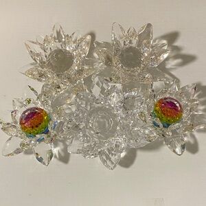 Crystal Lotus Candle Holders with Rainbow Accents